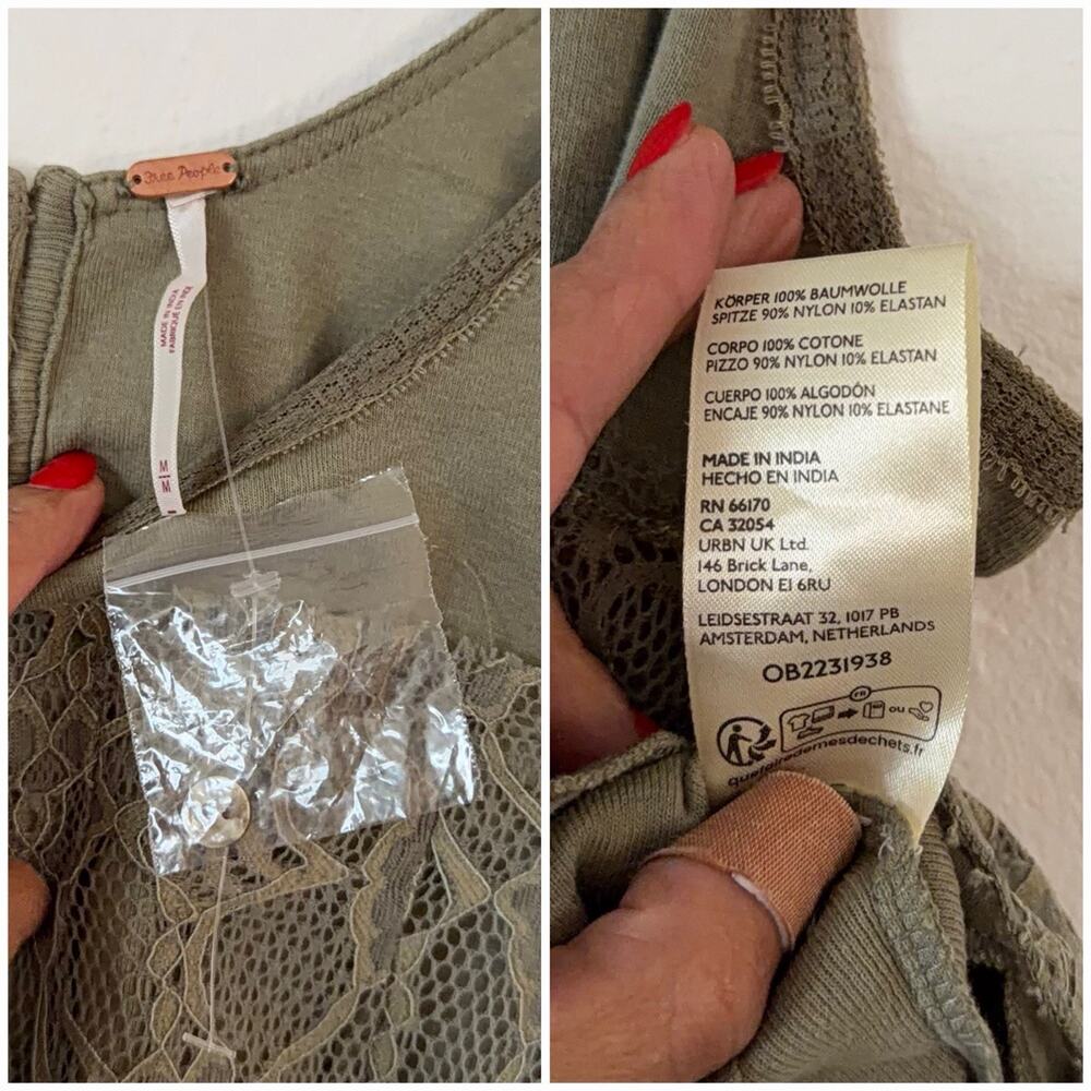 Free People Lace Tank Top M Reversible Olive Green Button Front Boho Crop - Picture 4 of 8
